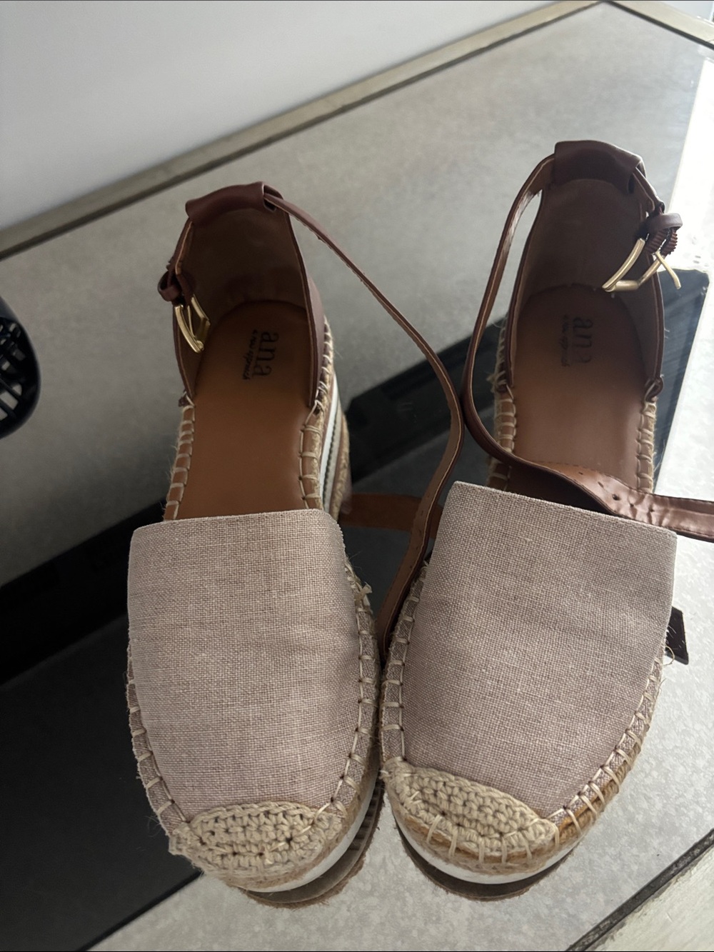 a.n.a Taupe Canvas Espadrille Wedge Sandals with Brown Ankle Straps